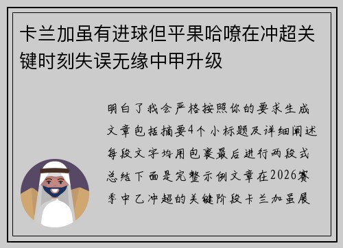 卡兰加虽有进球但平果哈嘹在冲超关键时刻失误无缘中甲升级